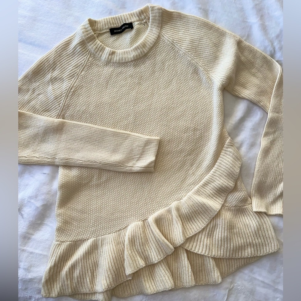 Ivory ruffle edge sweater flattering wrap style